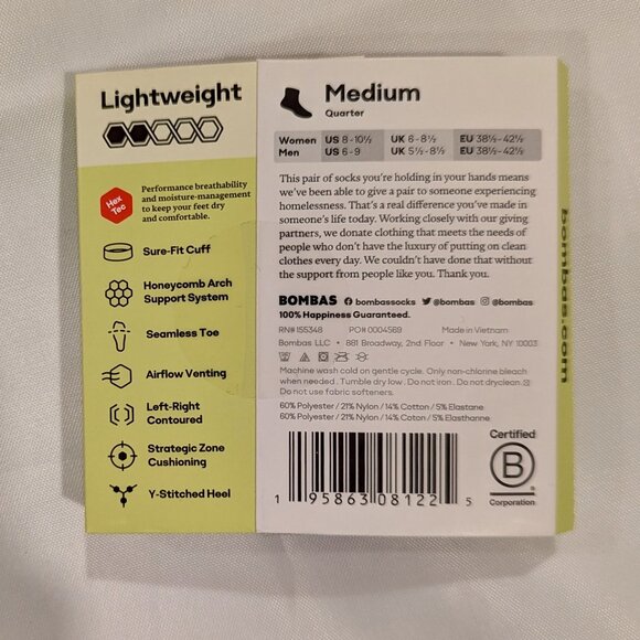 NWT Bombas Women's Running Quarter Socks (Black Bee) - Picture 9 of 9